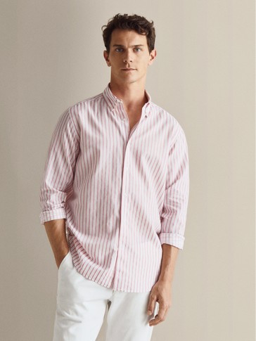 Slim Fit Cizgili Pamuklu Keten Gomlek Erkek Massimo Dutti