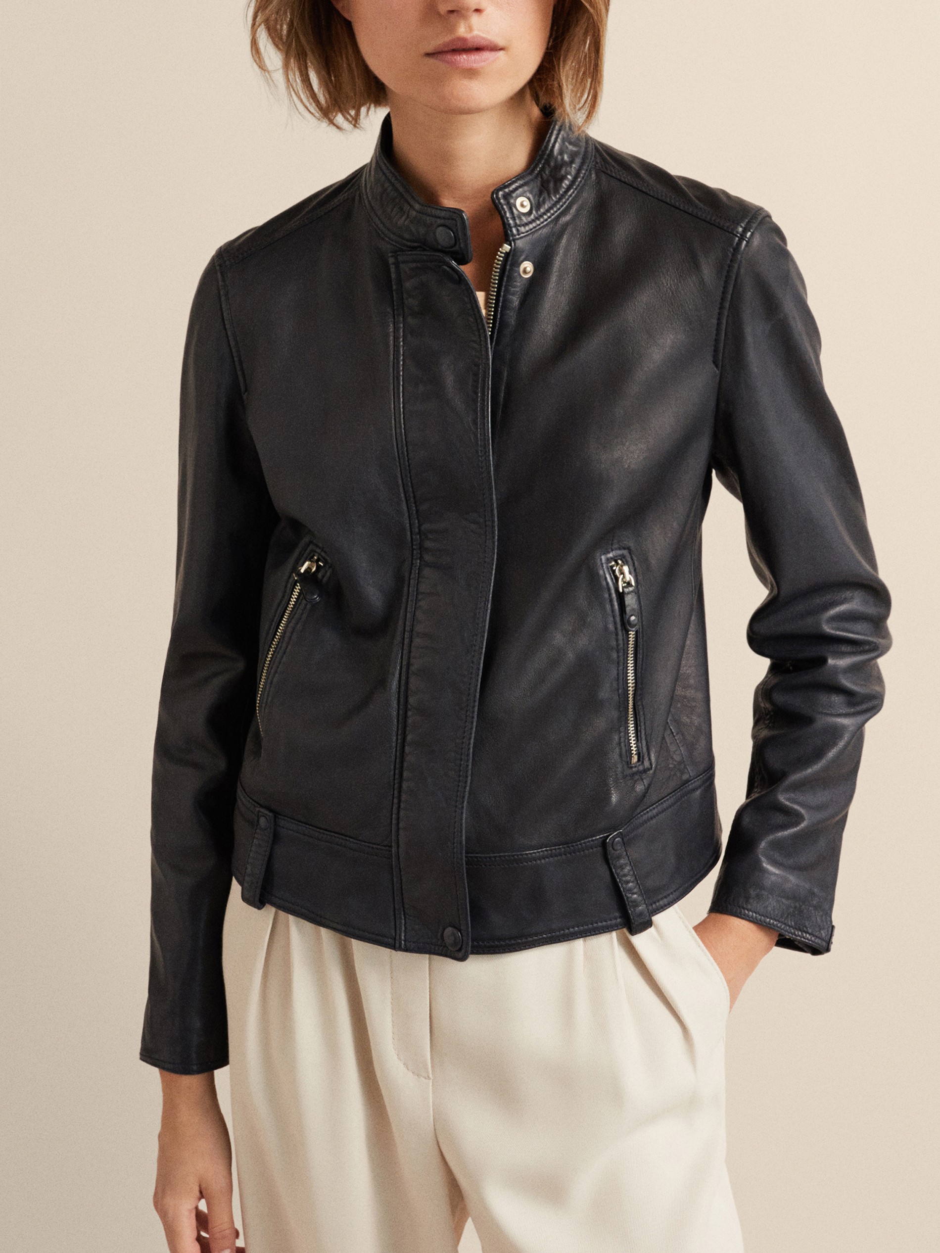 Navy Blue Nappa Leather Jacket With Belt Loops