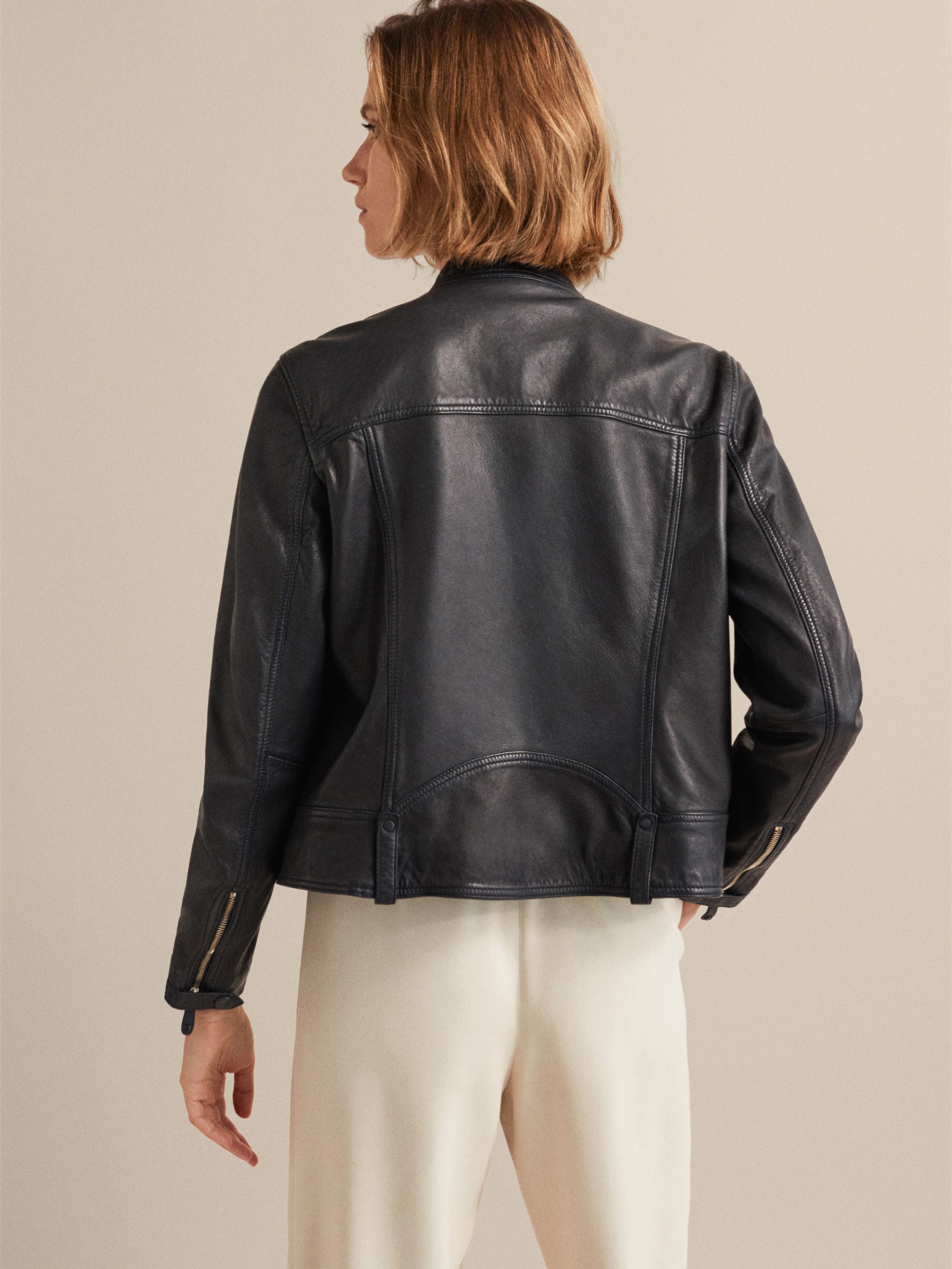 Navy Blue Nappa Leather Jacket With Belt Loops