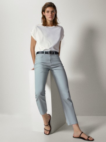 Mid-rise slim cropped fit coated trousers