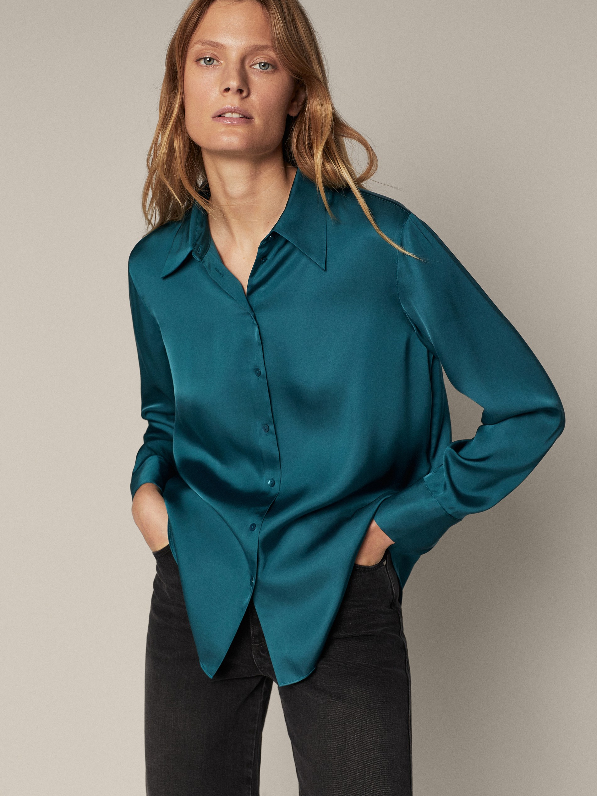 button up satin blouse