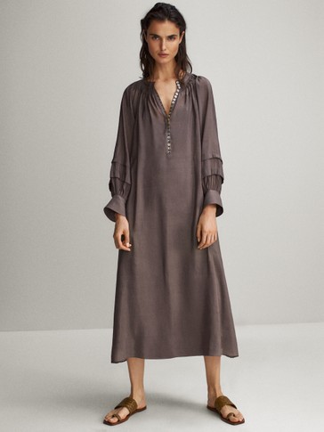 Balloon sleeve linen and silk dress