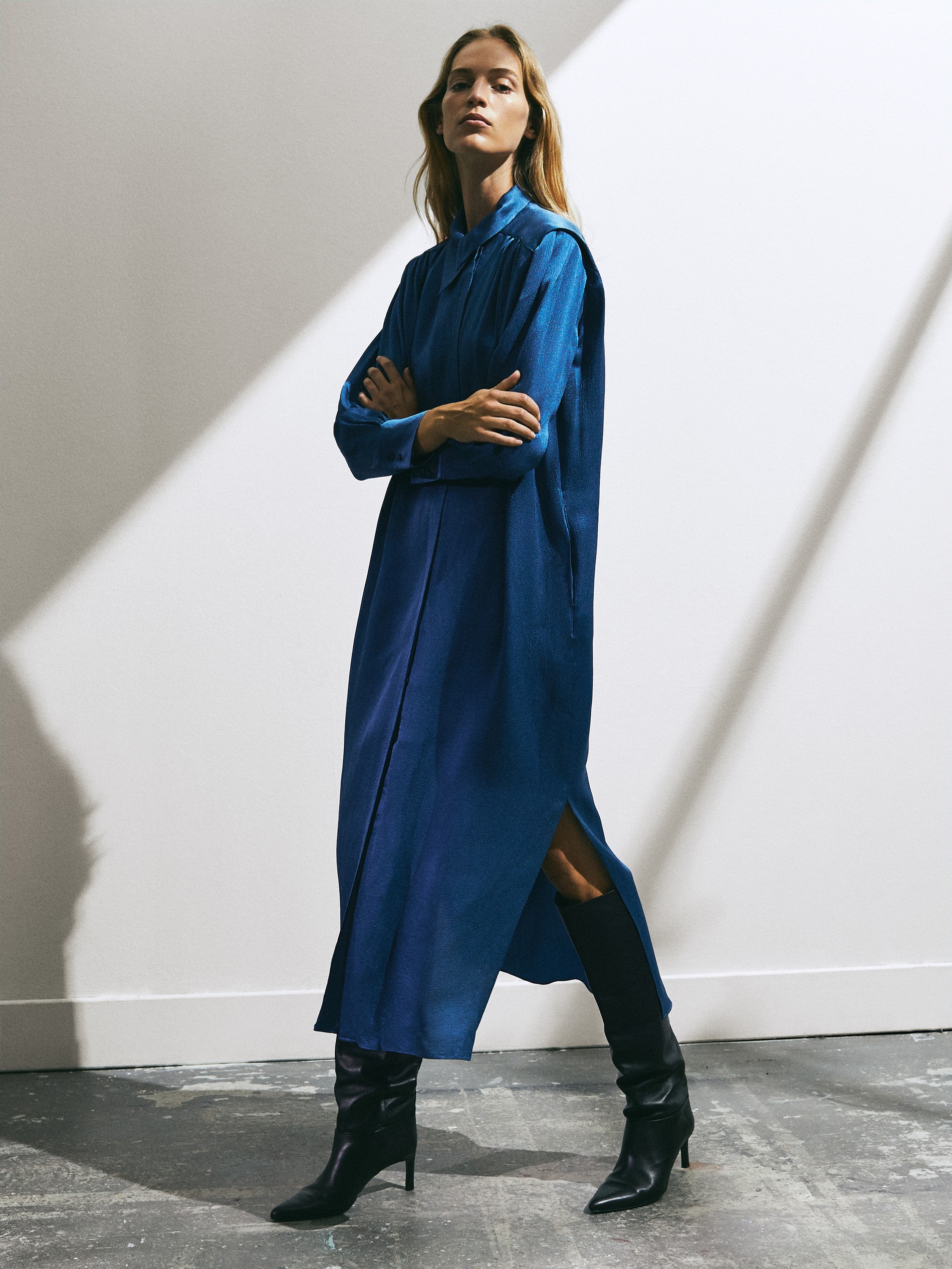 blue satin shirt dress