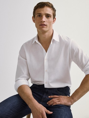 Slim Fit Pamuklu Dokulu Gomlek Erkek Massimo Dutti