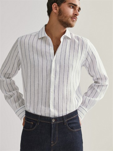 Regular Fit Cizgili Keten Gomlek Erkek Massimo Dutti