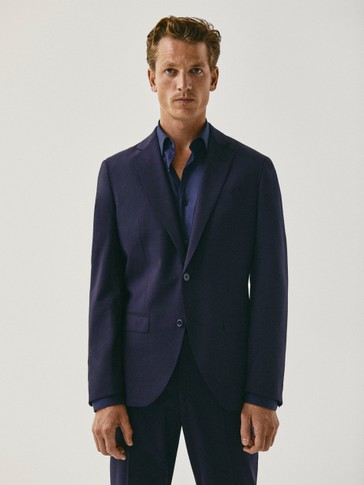 Slim Fit Lacivert Yun Blazer Erkek Massimo Dutti