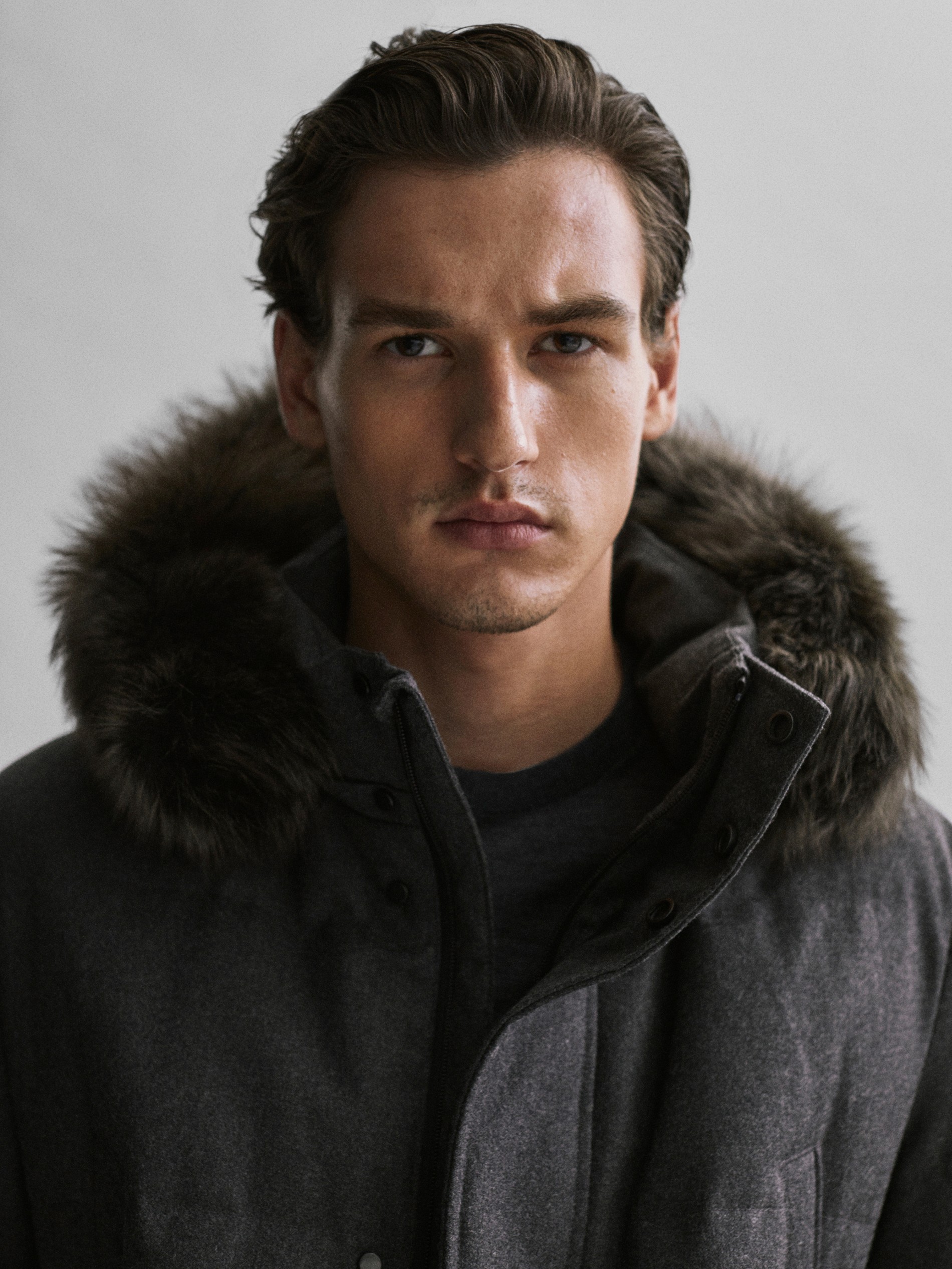 Wool down jacket with lambskin hood 