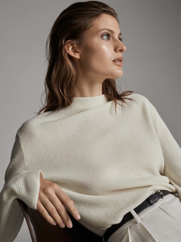 High neck wool ribbed sweater