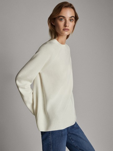 Purl-knit funnel neck wool sweater