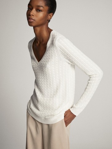 V-neck cable-knit sweater