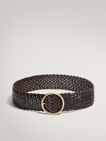 Braided leather belt with round buckle