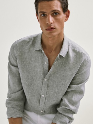 REGULAR FIT LINEN HOUNDSTOOTH SHIRT