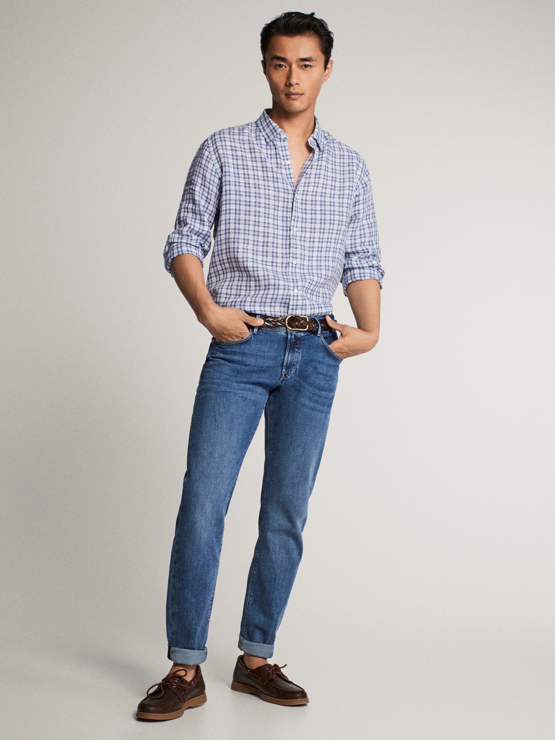 Massimo Dutti Blue Medium Check 100% Linen Shirt - Big Apple Buddy