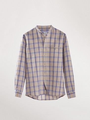 CHECK LINEN COTTON SHIRT WITH STAND-UP COLLAR