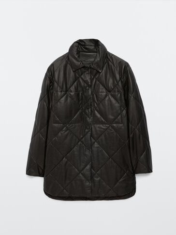 Black nappa leather quilted overshirt