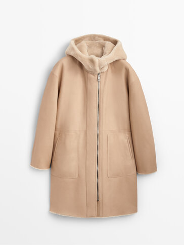 Hooded reversible mouton and leather coat