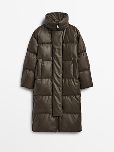 Nappa leather long puffer coat