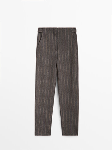 Pinstriped wool suit trousers