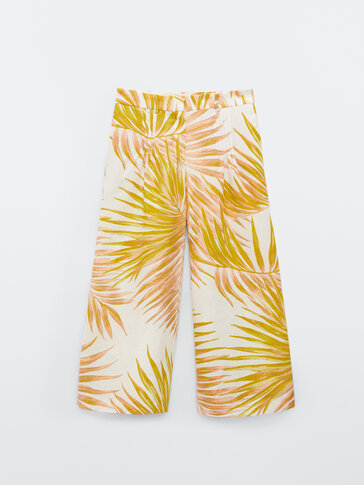 Culotte hlače od mješavine pamuka i lana s uzorkom palmi