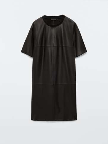 Black nappa leather short sleeve dress 
