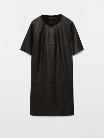 Black nappa leather short sleeve dress