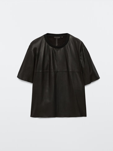 Black nappa leather short sleeve T-shirt