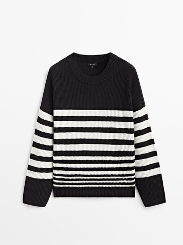 Striped purl knit wool sweater