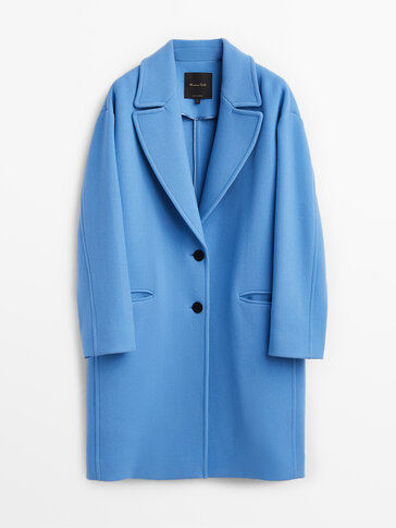 Trumpas mėlynos spalvos vilnonis paltas