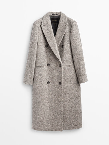 Lang, grå, ulden frakke med sildebensmønster