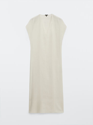Lang jacquard kjole i lin/cotton