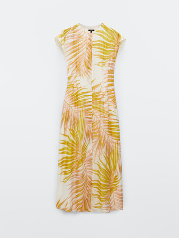 Pamuklu ipek palmiye desenli elbise