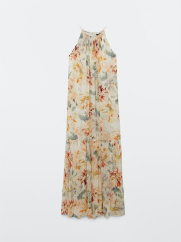 Lang blomstermønstret kjole med stropper