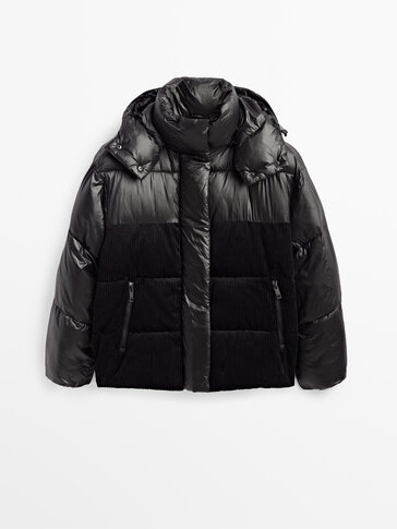 Puffer jacket with contrast corduroy sleeves
