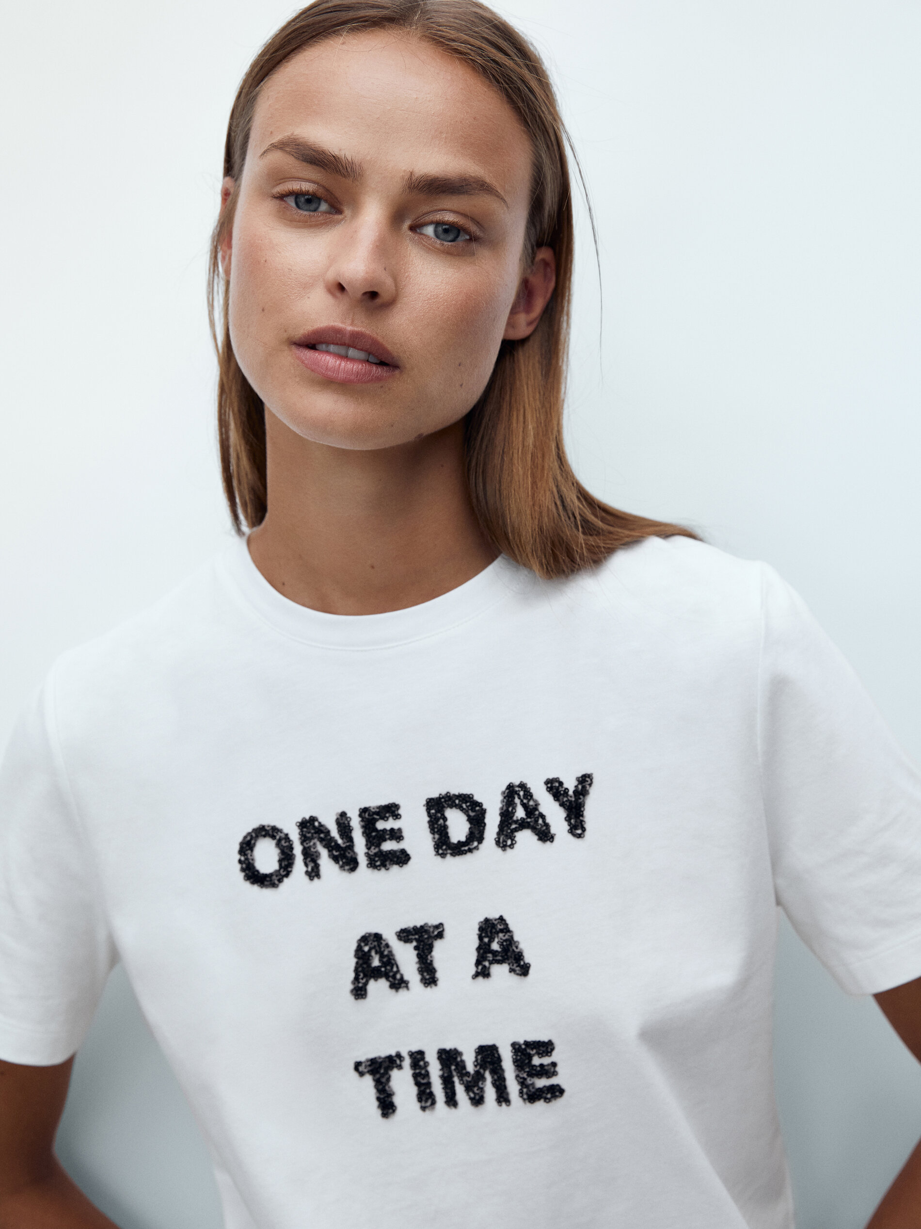 Massimo Dutti Cotton T-Shirt With Sequins Slogan - Big Apple Buddy