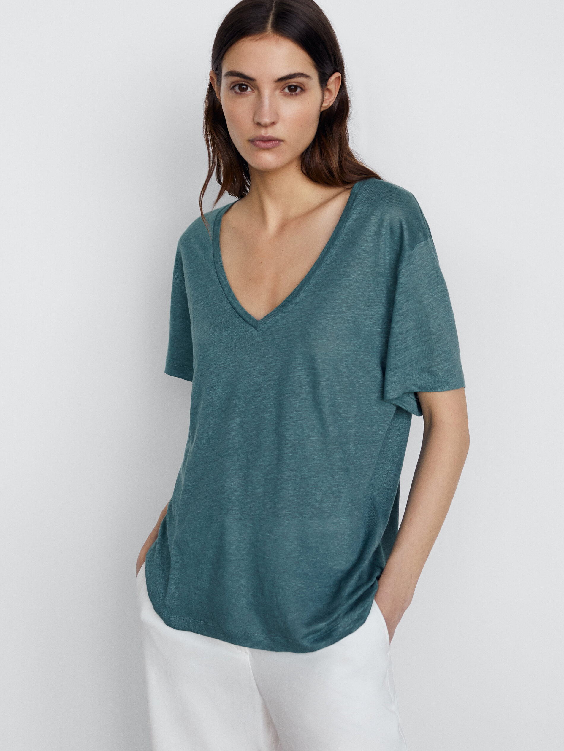 Linen v neck t shirt women's Clearance