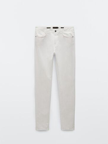 Cotton and linen casual fit denim-effect trousers
