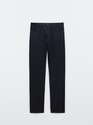 Cotton and linen casual fit denim-effect trousers