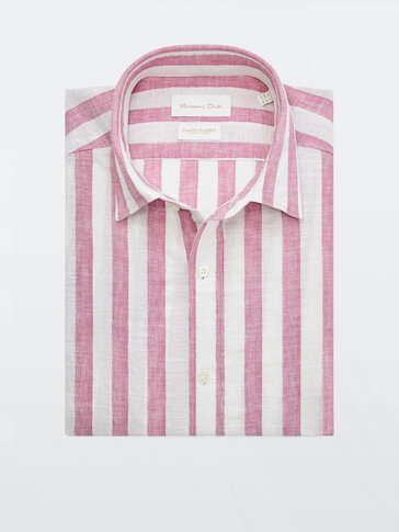 Ozka srajca iz bombaža in lanu s potiskom barvnih črt