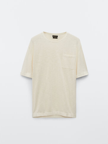 T-shirt en maille de coton et lin avec poche