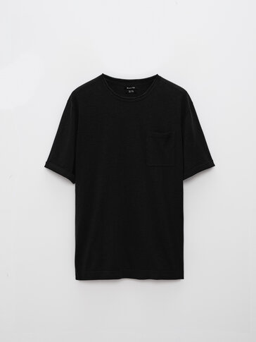 Cotton linen knit T-shirt with pocket