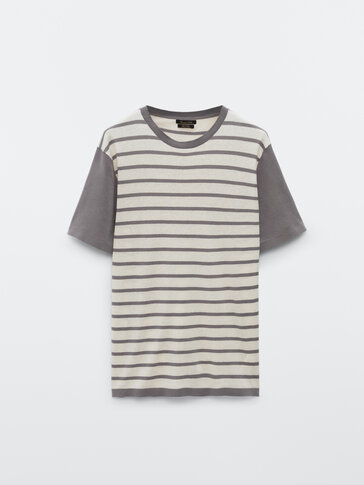 Striped cotton and linen knit T-shirt