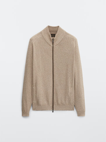 Linen and cotton cardigan with leather detail