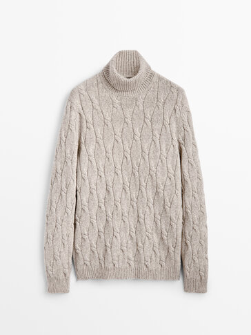 Cable-knit wool sweater with high neck