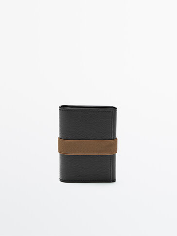 Plain black leather wallet with contrast elastic trim