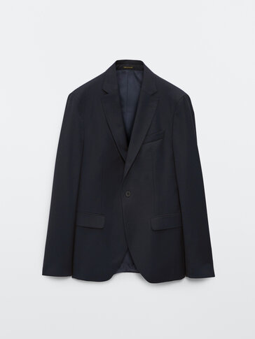 Navy blue wool blazer with check texture