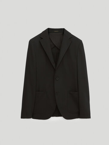 Black slim-fit textured wool blazer