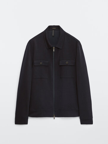 Navy 100% merino wool overshirt with pockets