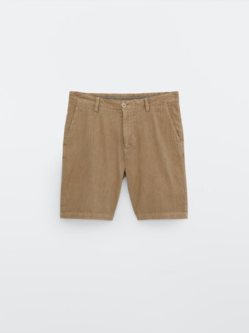 Faded-effect cotton linen Bermuda shorts