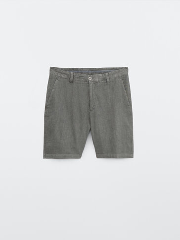 Faded-effect cotton linen Bermuda shorts