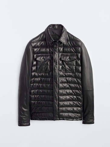 Black nappa leather quilted overshirt